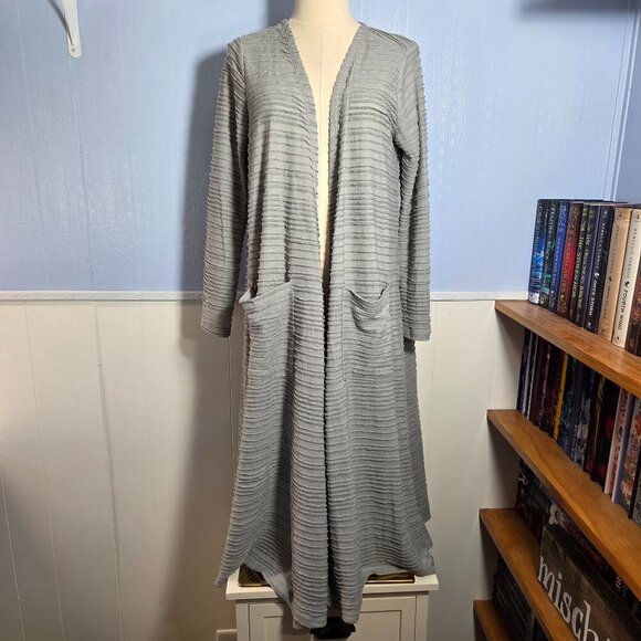Lularoe Medium Gray Textured Striped Longsleeve Maxi Duster Cardigan (Flaw) - Picture 1 of 11